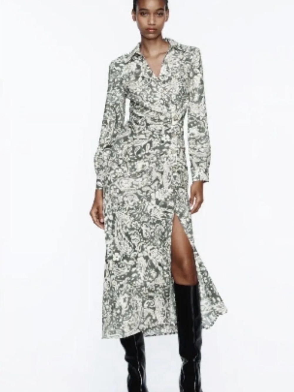 Zara Green and White Printed Wrap Maxi Dress